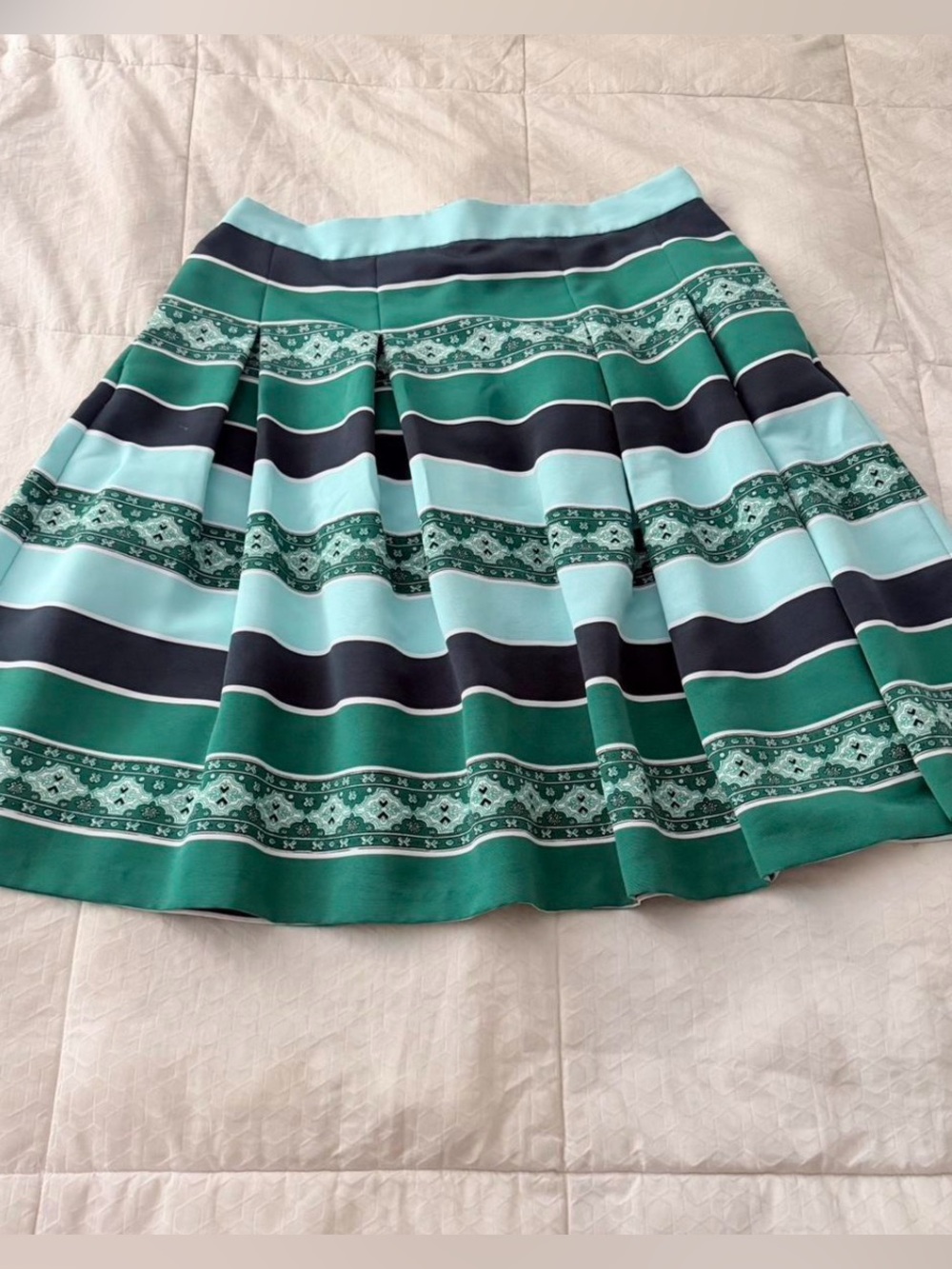 New York & Co. Eva Mendes Pleated A-Line Stripe Skirt in Teal, Navy & Light Blue